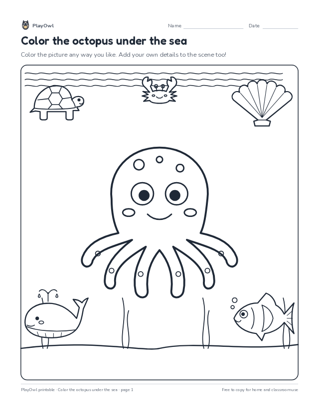 Color the octopus under the sea: coloring page for Kindergarten, page 1 preview
