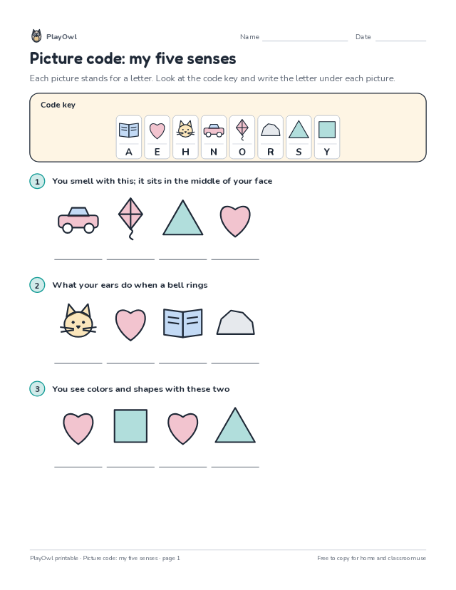 Picture code: my five senses: secret code puzzle for Kindergarten, page 1 preview