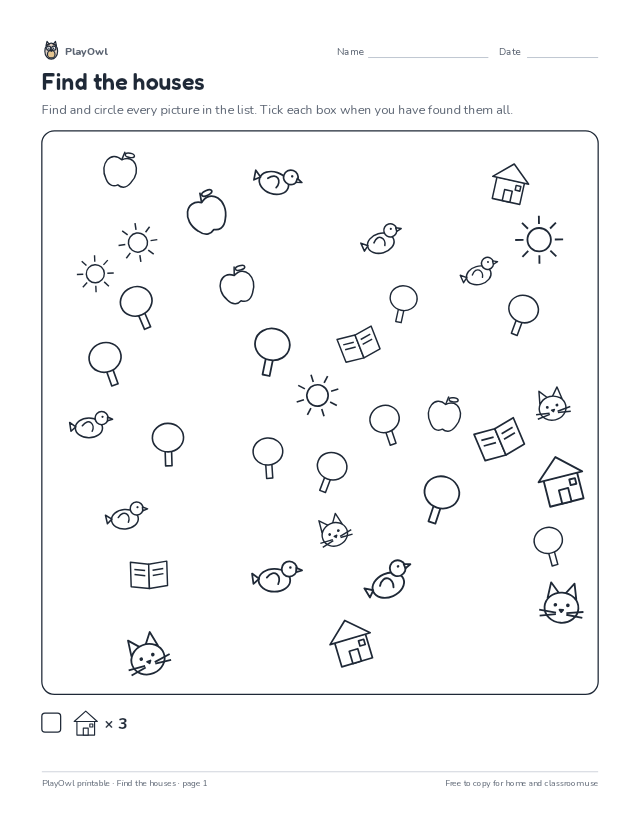 Find the houses: hidden picture puzzle for Kindergarten, page 1 preview