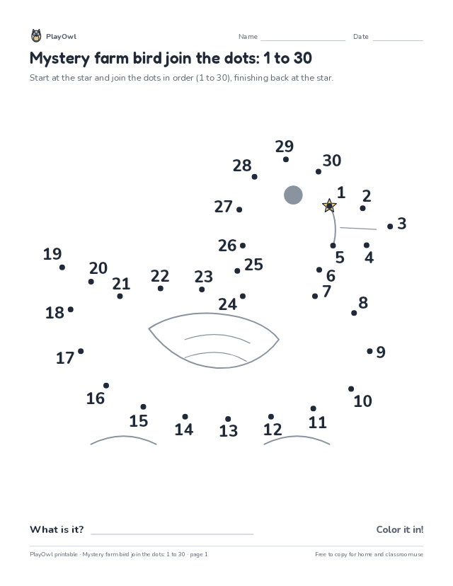 Mystery farm bird join the dots: 1 to 30: dot-to-dot for Kindergarten, page 1 preview