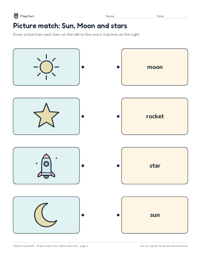 Picture match: Sun, Moon and stars: matching worksheet for Kindergarten, page 1 preview