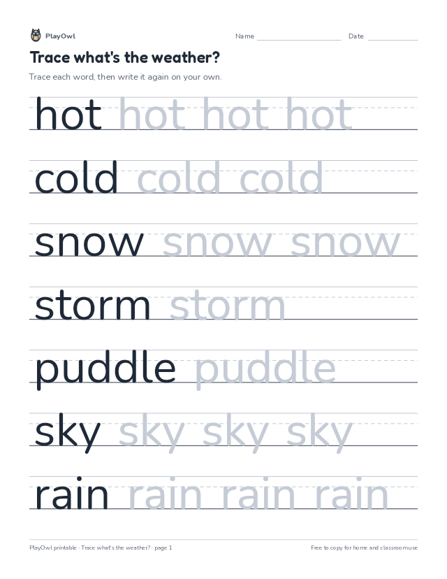 Trace what's the weather?: tracing worksheet for Kindergarten, page 1 preview