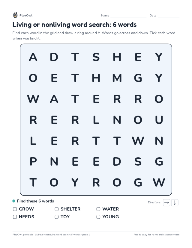 Living or nonliving word search: 6 words: word search for Kindergarten, page 1 preview
