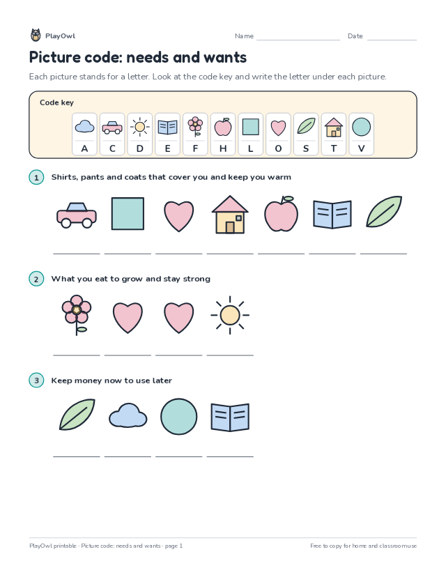 Picture code: needs and wants: secret code puzzle for Kindergarten, page 1 preview