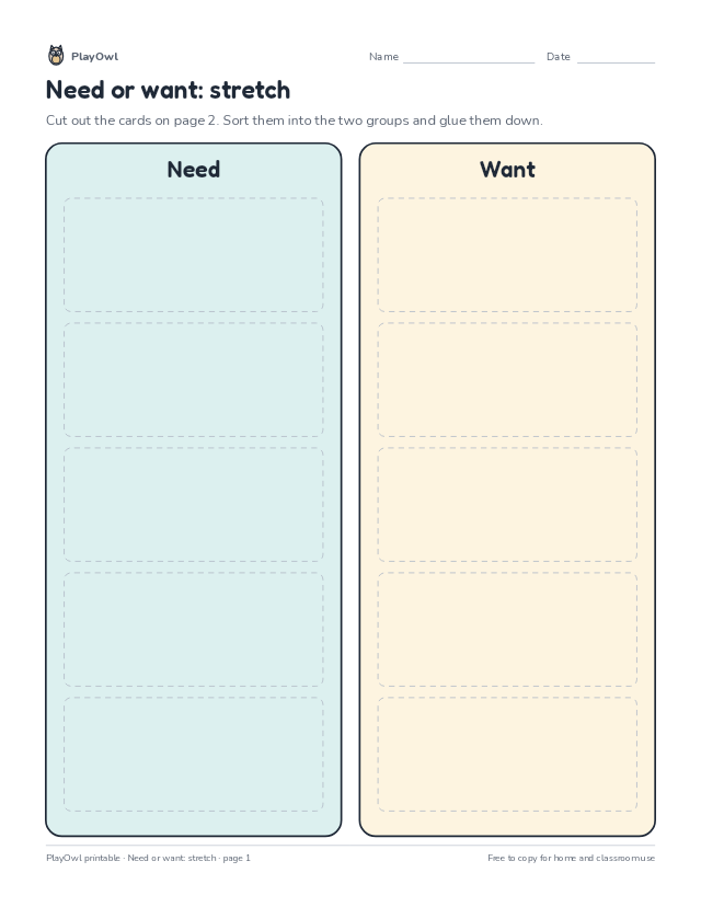 Need or want: stretch: cut-and-sort worksheet for Kindergarten, page 1 preview