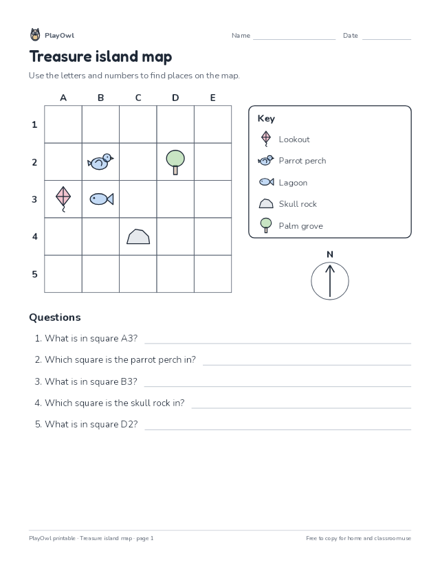 Treasure island map: map worksheet for Kindergarten, page 1 preview