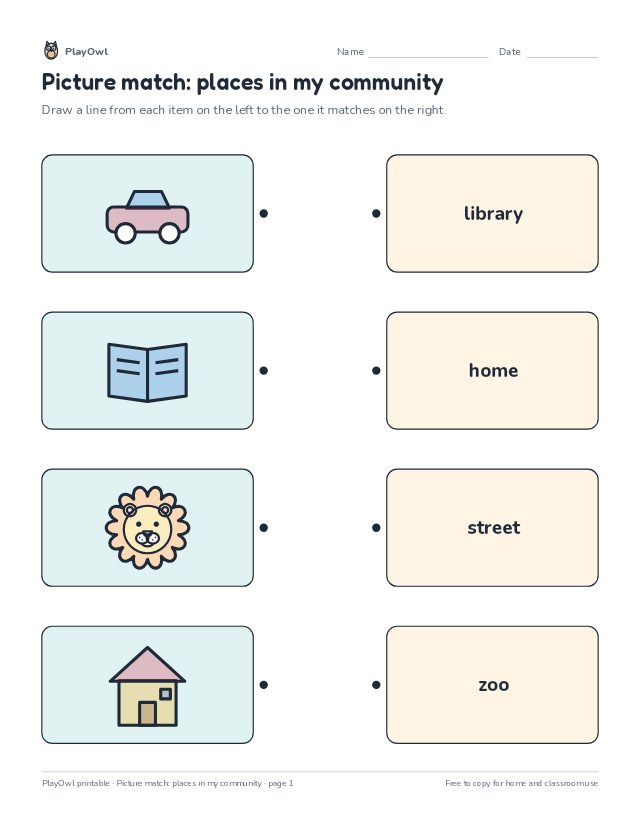 Picture match: places in my community: matching worksheet for Kindergarten, page 1 preview