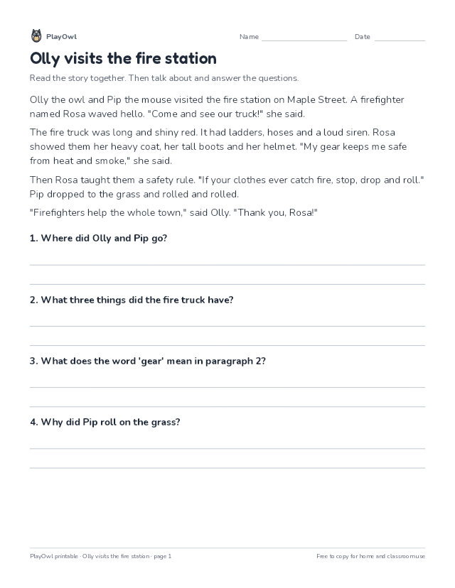 Olly visits the fire station: reading passage for Kindergarten, page 1 preview