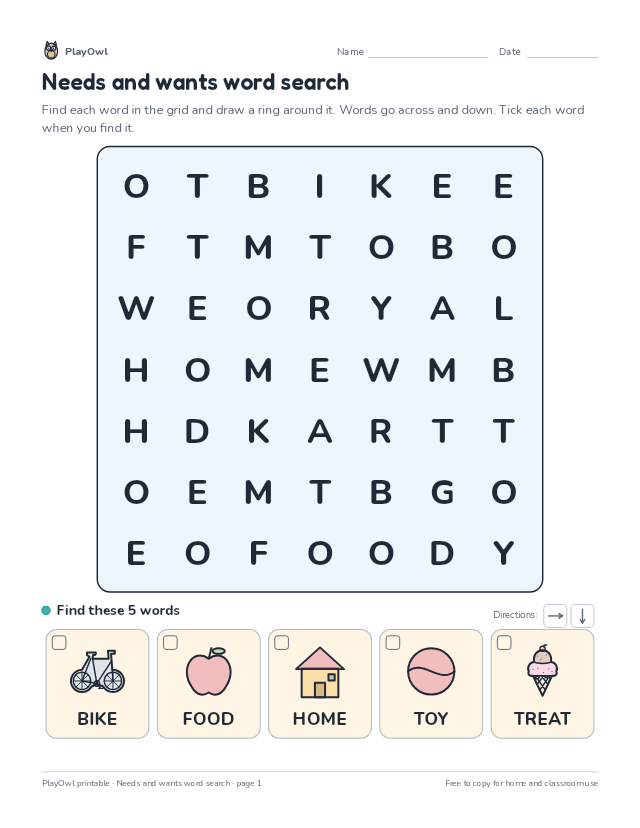 Needs and wants word search: word search for Kindergarten, page 1 preview
