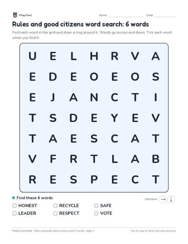 Rules and good citizens word search: 6 words: word search for Kindergarten, page 1 preview