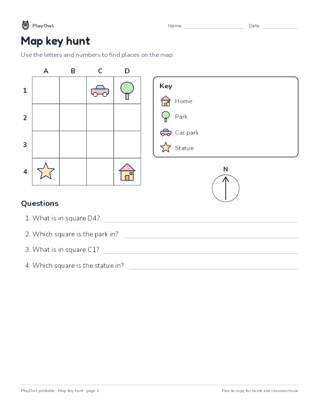 Map key hunt: map worksheet for Kindergarten to Grade 2, page 1 preview
