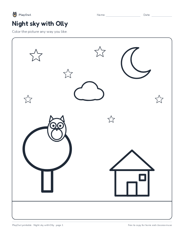 Night sky with Olly: coloring page for Preschool to Grade 2, page 1 preview