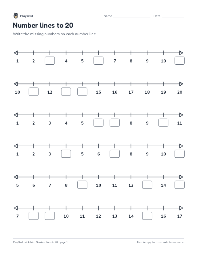 Number lines to 20: math worksheet for Kindergarten to Grade 1, page 1 preview