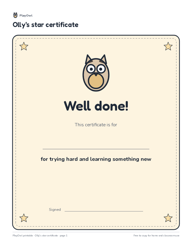 Olly's star certificate: certificate for Preschool to Grade 8, page 1 preview