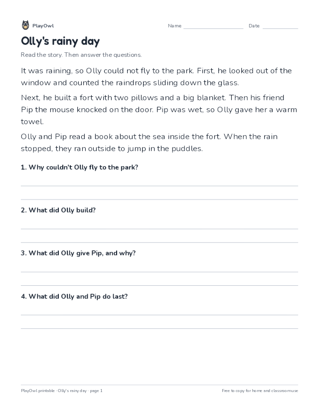 Olly's rainy day: reading passage for Grades 1–2, page 1 preview