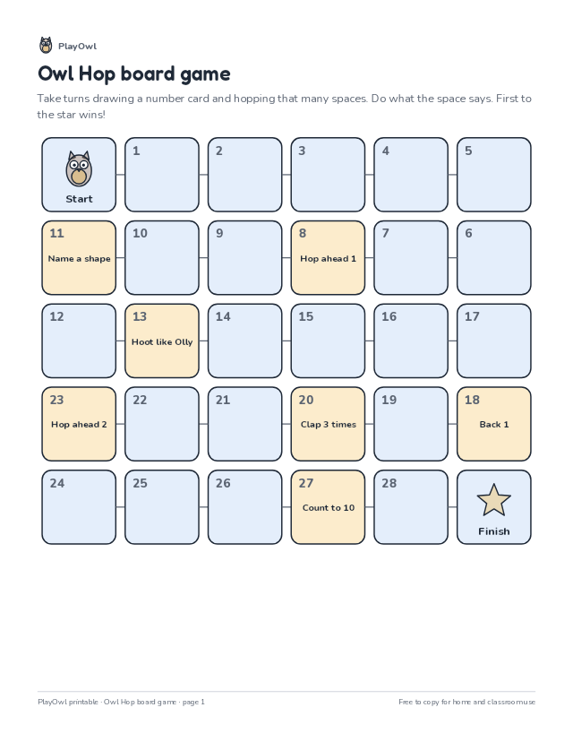Owl Hop board game: printable board game for Kindergarten to Grade 2, page 1 preview