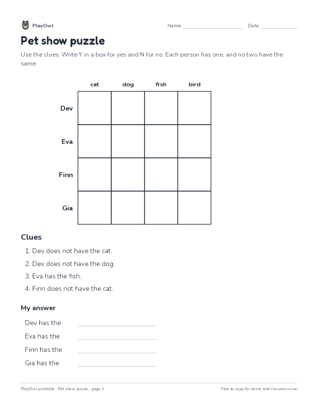 Pet show puzzle: logic puzzle for Grades 3–5, page 1 preview