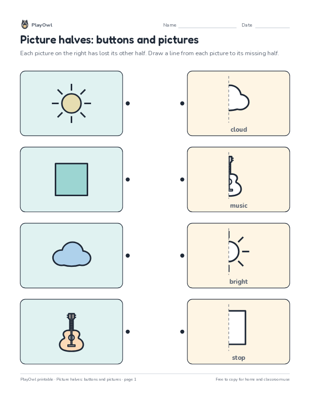 Picture halves: buttons and pictures: matching worksheet for Pre-K, page 1 preview