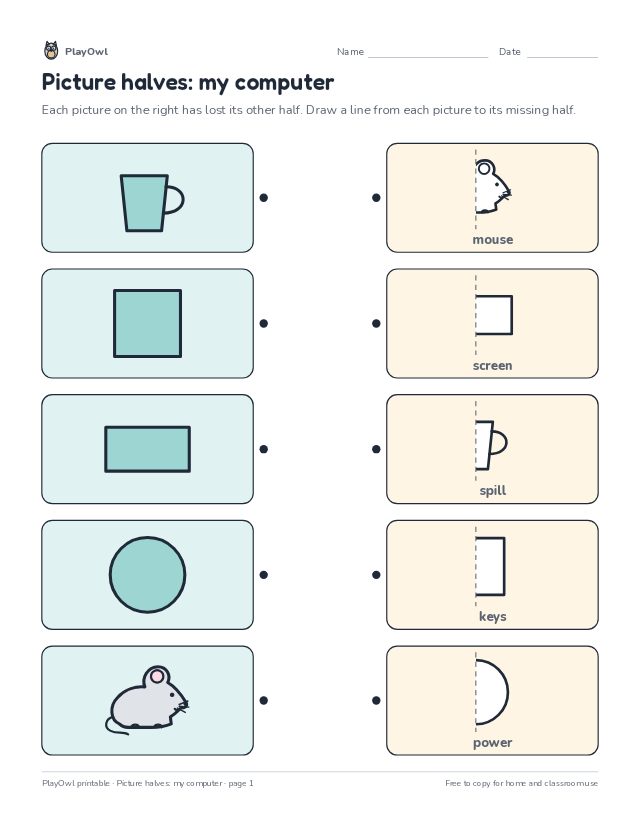 Picture halves: my computer: matching worksheet for Pre-K, page 1 preview