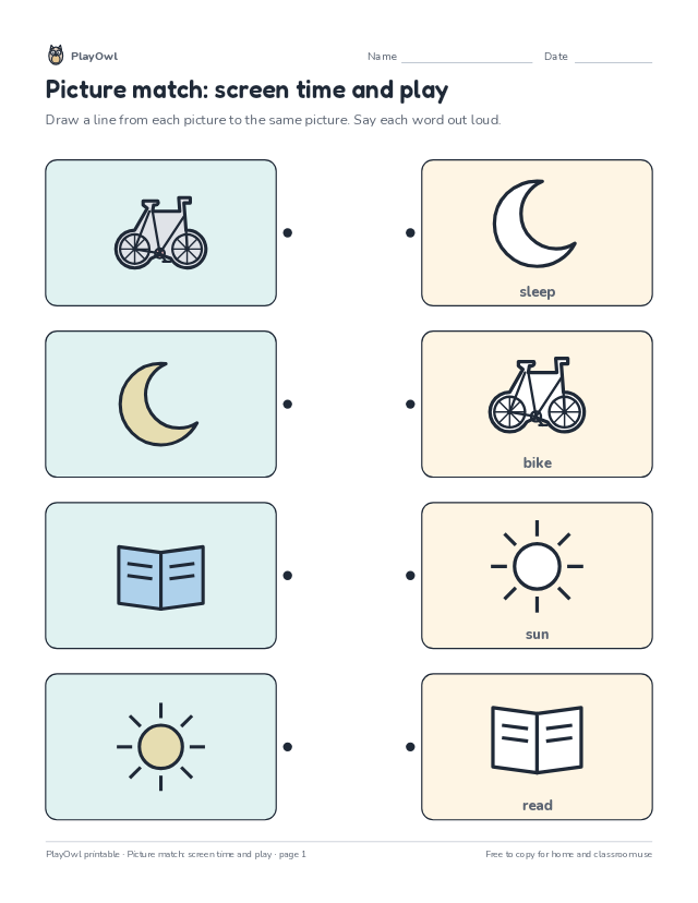 Picture match: screen time and play: matching worksheet for Pre-K, page 1 preview