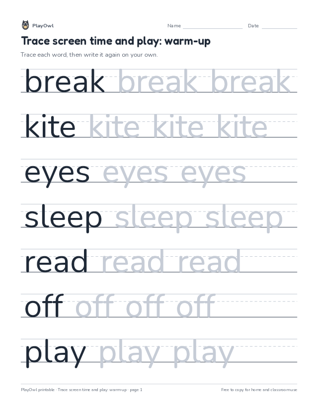 Trace screen time and play: warm-up: tracing worksheet for Pre-K to Grade 1, page 1 preview
