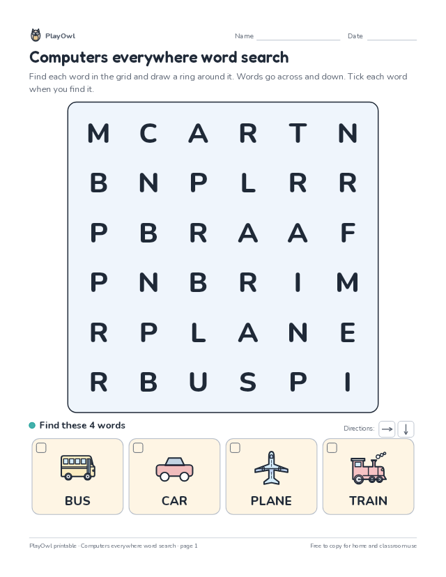 Computers everywhere word search: word search for Pre-K, page 1 preview