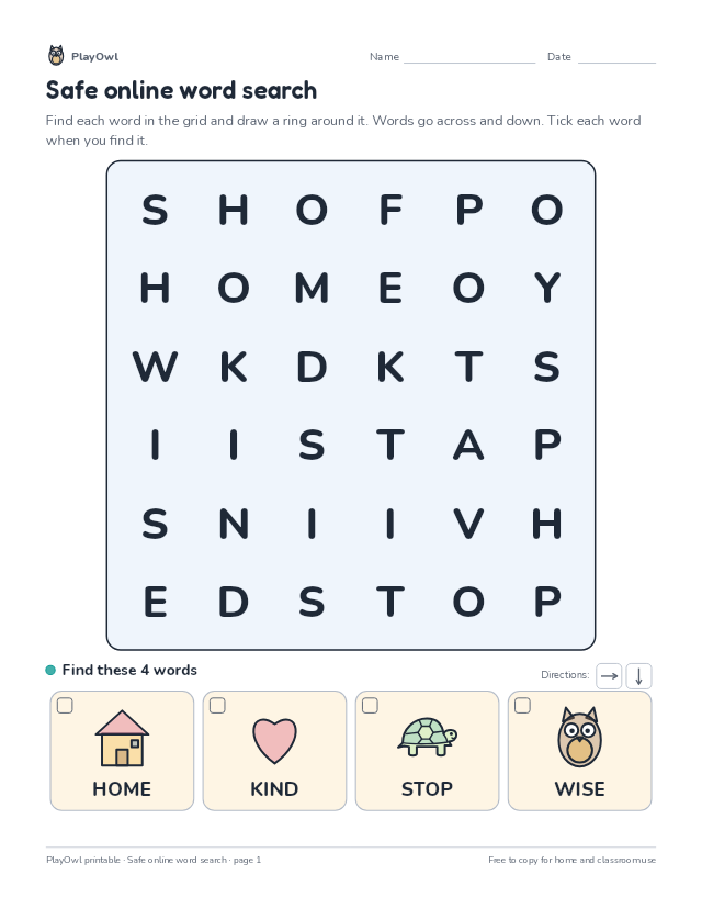 Safe online word search: word search for Pre-K, page 1 preview
