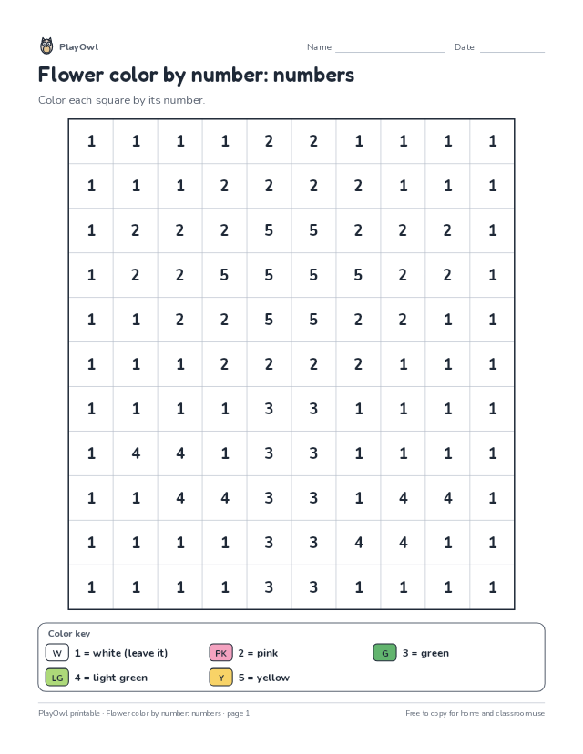 Flower color by number: numbers: color-by-number page for Pre-K to Grade 1, page 1 preview
