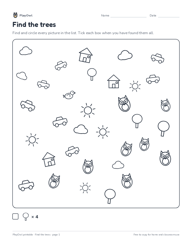 Find the trees: hidden picture puzzle for Pre-K, page 1 preview