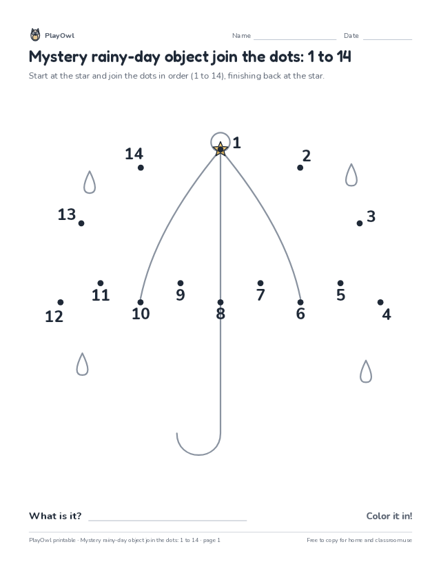 Mystery rainy-day object join the dots: 1 to 14: dot-to-dot for Pre-K, page 1 preview