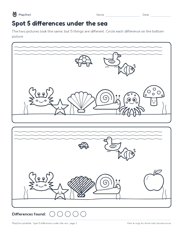 Spot 5 differences under the sea: spot the difference puzzle for Pre-K, page 1 preview