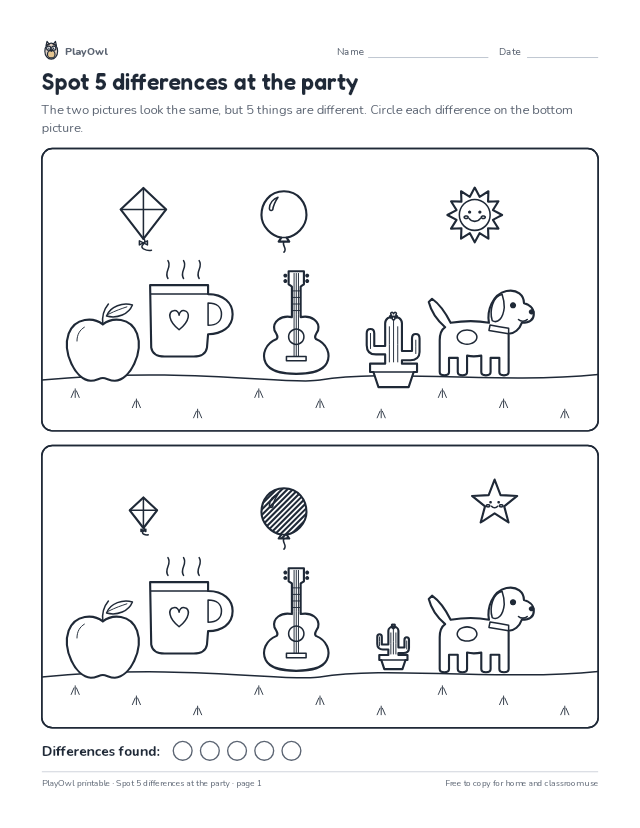Spot 5 differences at the party: spot the difference puzzle for Pre-K, page 1 preview