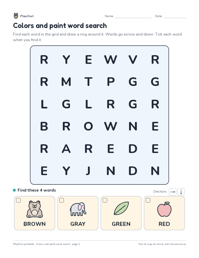 Colors and paint word search: word search for Pre-K, page 1 preview