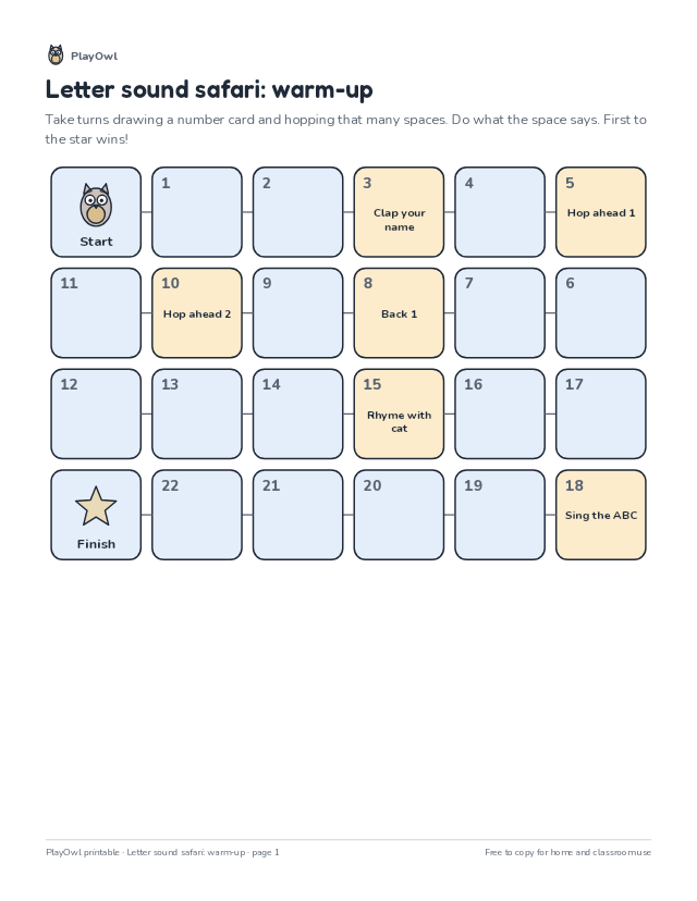 Letter sound safari: warm-up: printable board game for Pre-K, page 1 preview