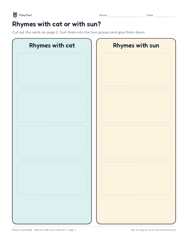Rhymes with cat or with sun?: cut-and-sort worksheet for Pre-K, page 1 preview