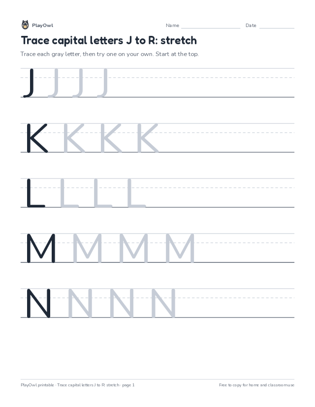 Trace capital letters J to R: stretch: tracing worksheet for Pre-K, page 1 preview