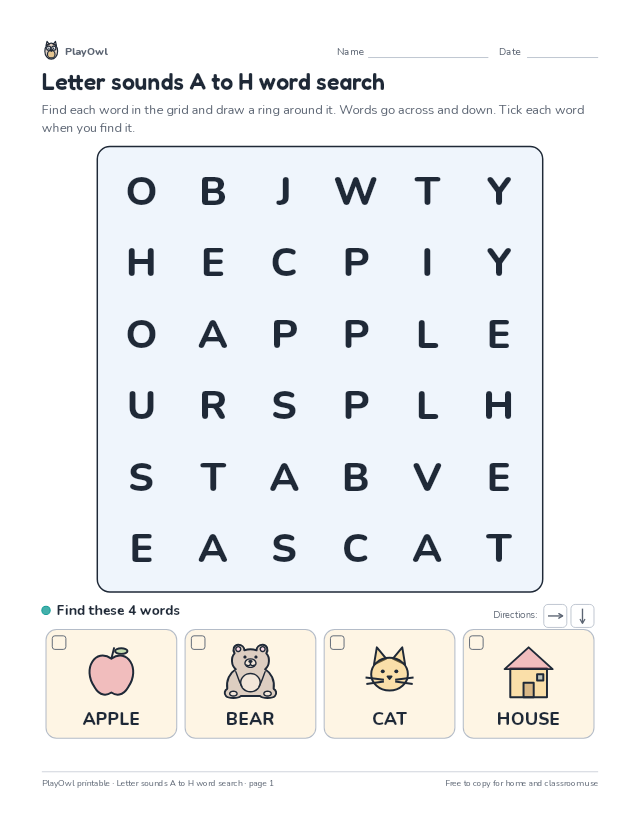Letter sounds A to H word search: word search for Pre-K, page 1 preview