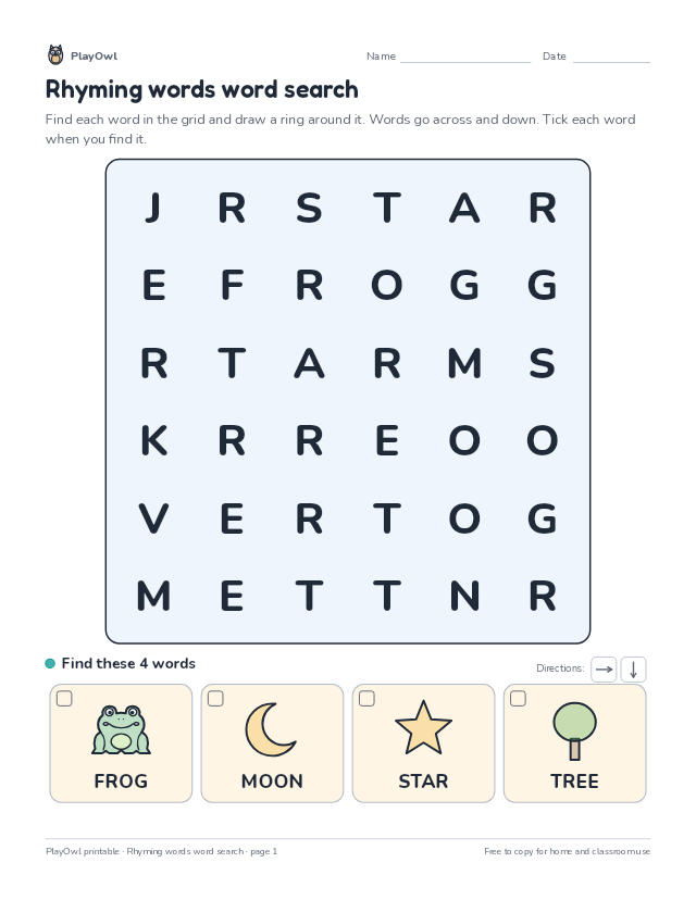 Rhyming words word search: word search for Pre-K, page 1 preview