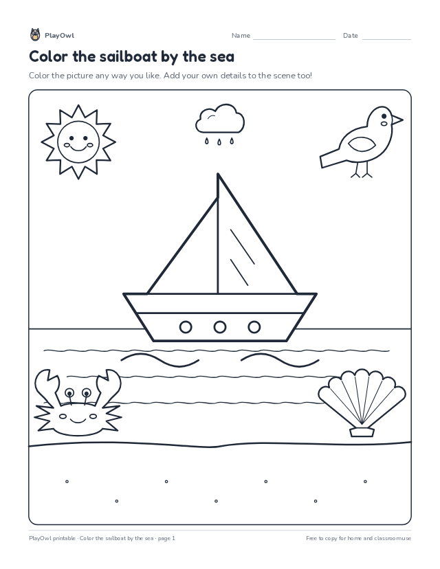 Color the sailboat by the sea: coloring page for Pre-K, page 1 preview