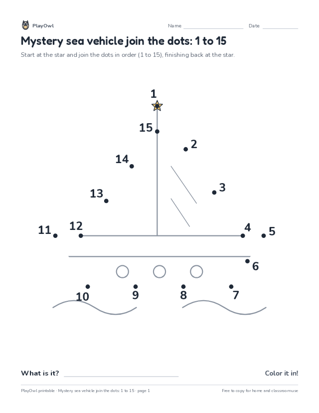 Mystery sea vehicle join the dots: 1 to 15: dot-to-dot for Pre-K, page 1 preview