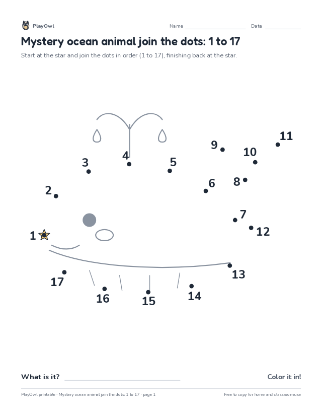 Mystery ocean animal join the dots: 1 to 17: dot-to-dot for Pre-K, page 1 preview