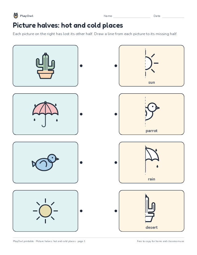 Picture halves: hot and cold places: matching worksheet for Pre-K, page 1 preview