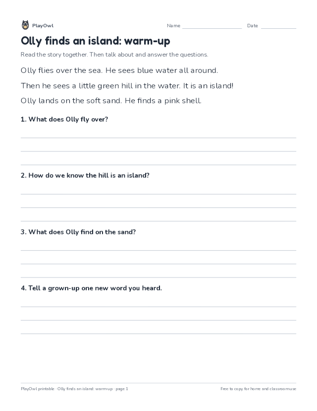 Olly finds an island: warm-up: reading passage for Pre-K, page 1 preview
