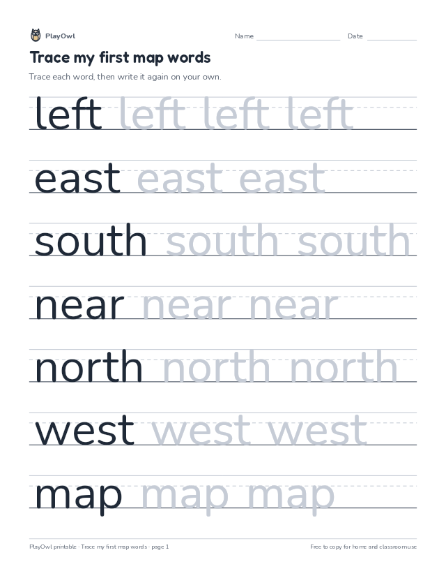 Trace my first map words: tracing worksheet for Pre-K, page 1 preview