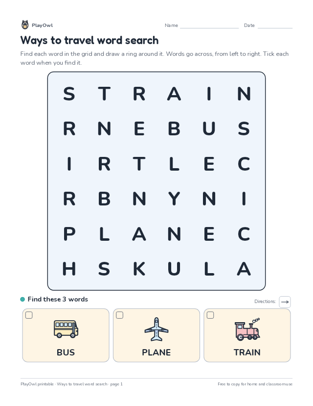 Ways to travel word search: word search for Pre-K, page 1 preview