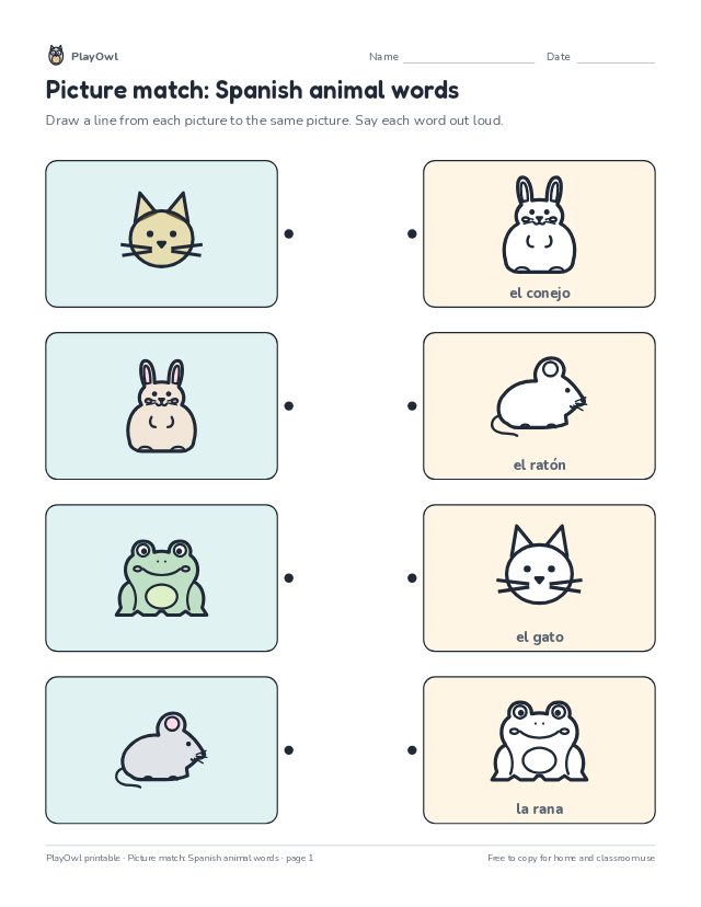 Picture match: Spanish animal words: matching worksheet for Pre-K, page 1 preview
