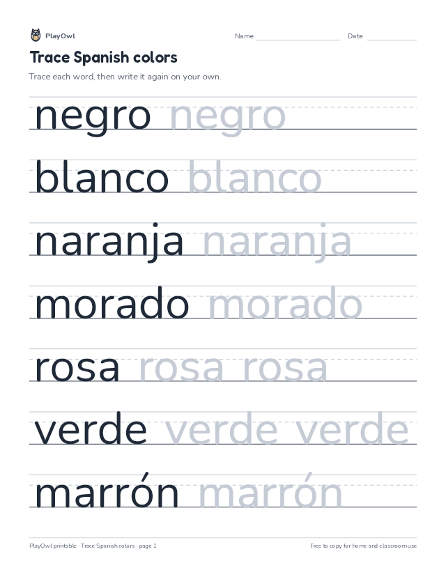 Trace Spanish colors: tracing worksheet for Pre-K, page 1 preview