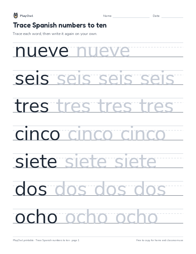 Trace Spanish numbers to ten: tracing worksheet for Pre-K, page 1 preview