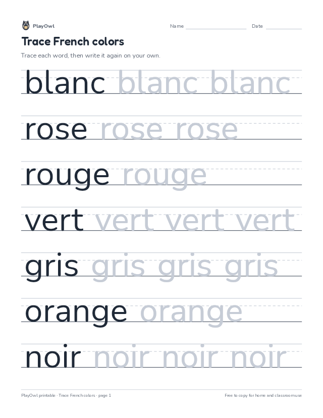 Trace French colors: tracing worksheet for Pre-K, page 1 preview