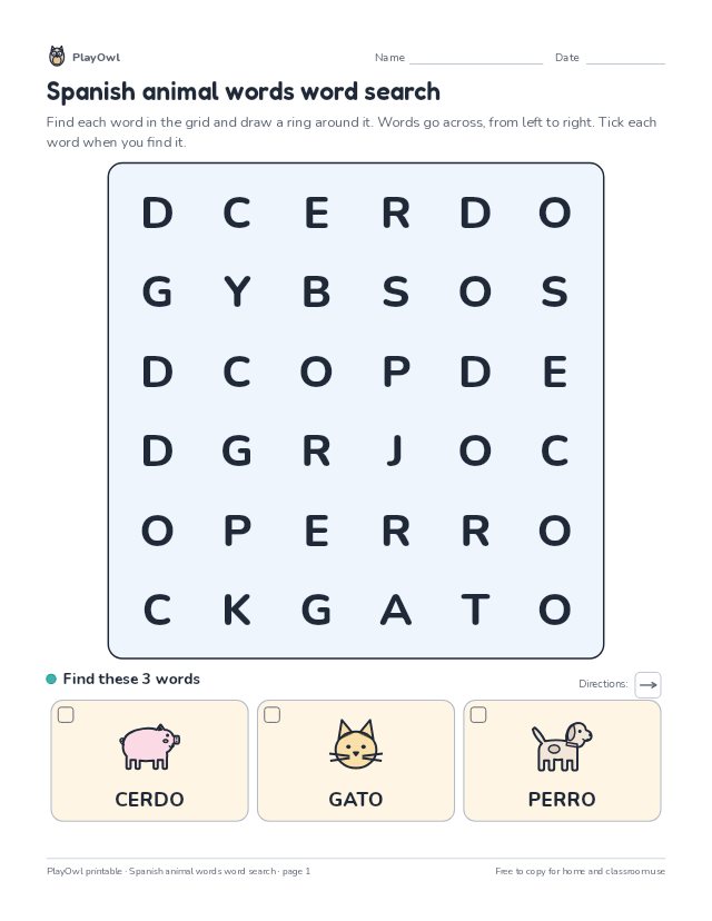 Spanish animal words word search: word search for Pre-K, page 1 preview
